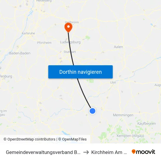 Gemeindeverwaltungsverband Bad Buchau to Kirchheim Am Neckar map