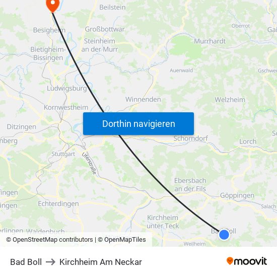 Bad Boll to Kirchheim Am Neckar map