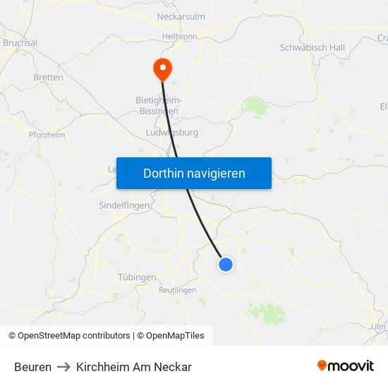 Beuren to Kirchheim Am Neckar map
