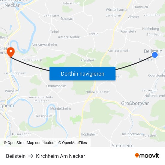 Beilstein to Kirchheim Am Neckar map