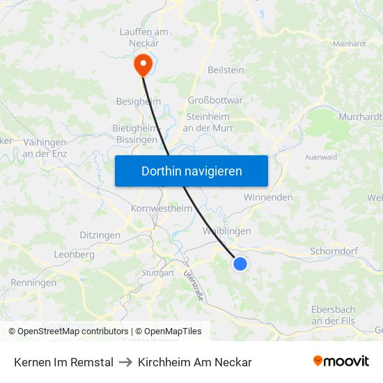 Kernen Im Remstal to Kirchheim Am Neckar map