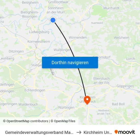 Gemeindeverwaltungsverband Marbach am Neckar to Kirchheim Unter Teck map
