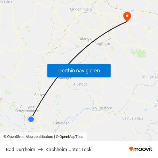 Bad Dürrheim to Kirchheim Unter Teck map