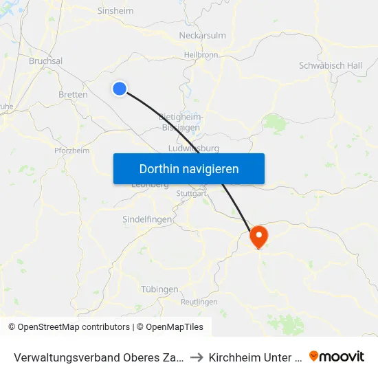 Verwaltungsverband Oberes Zabergäu to Kirchheim Unter Teck map