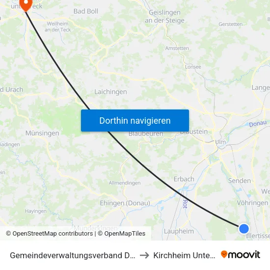 Gemeindeverwaltungsverband Dietenheim to Kirchheim Unter Teck map
