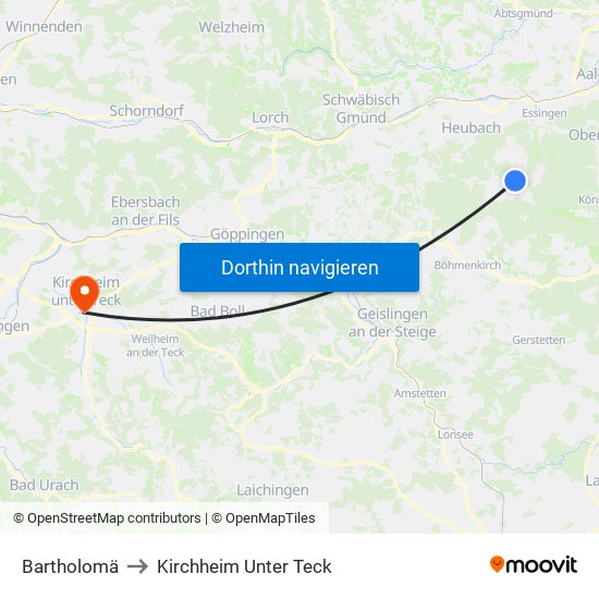 Bartholomä to Kirchheim Unter Teck map