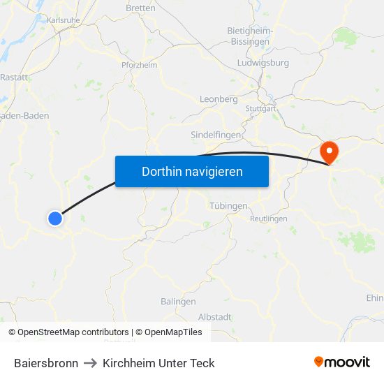 Baiersbronn to Kirchheim Unter Teck map