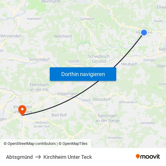 Abtsgmünd to Kirchheim Unter Teck map