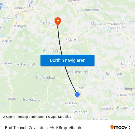 Bad Teinach-Zavelstein to Kämpfelbach map