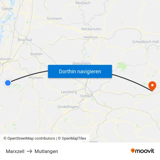 Marxzell to Mutlangen map