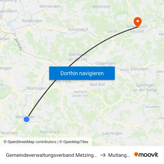 Gemeindeverwaltungsverband Metzingen to Mutlangen map