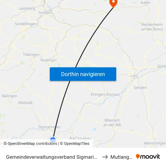 Gemeindeverwaltungsverband Sigmaringen to Mutlangen map