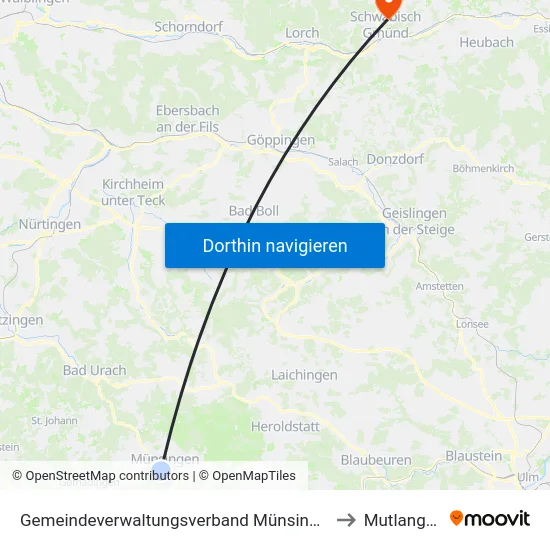 Gemeindeverwaltungsverband Münsingen to Mutlangen map