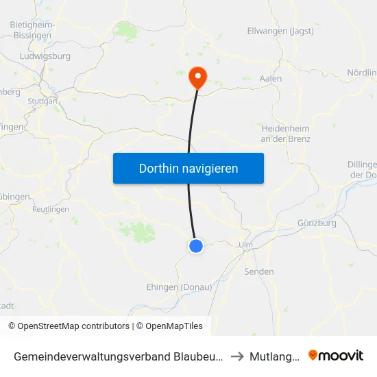 Gemeindeverwaltungsverband Blaubeuren to Mutlangen map