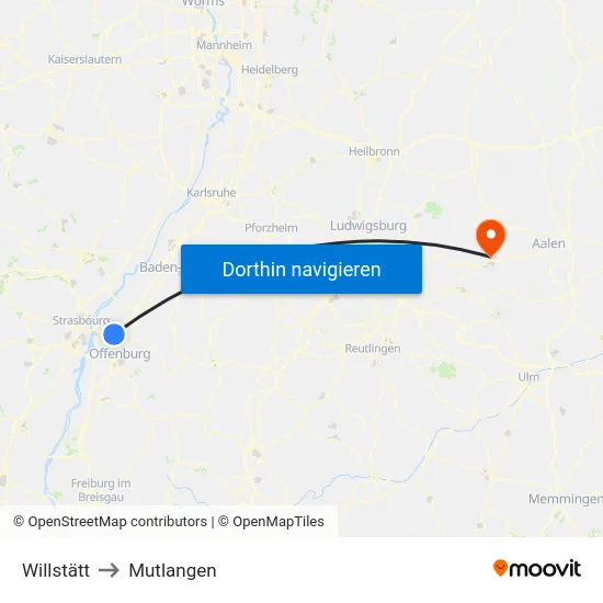 Willstätt to Mutlangen map
