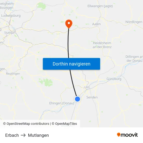 Erbach to Mutlangen map