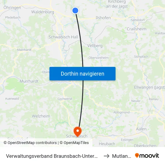 Verwaltungsverband Braunsbach-Untermünkheim to Mutlangen map