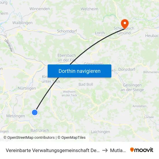 Vereinbarte Verwaltungsgemeinschaft Der Stadt Neuffen to Mutlangen map