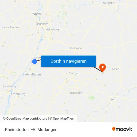 Rheinstetten to Mutlangen map