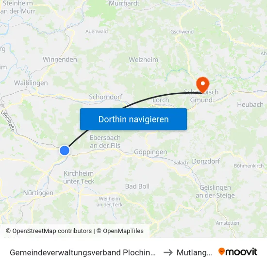 Gemeindeverwaltungsverband Plochingen to Mutlangen map