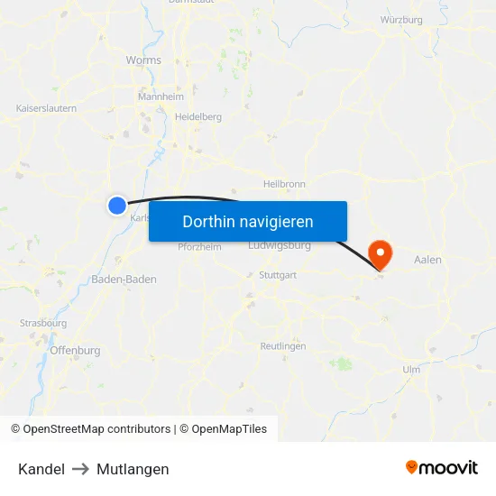 Kandel to Mutlangen map