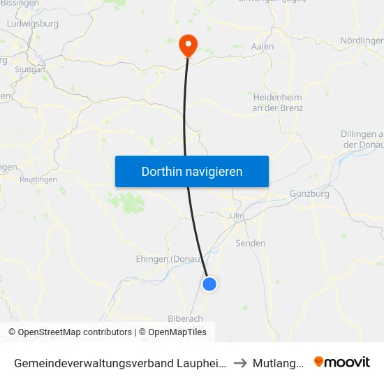 Gemeindeverwaltungsverband Laupheim to Mutlangen map