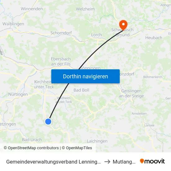 Gemeindeverwaltungsverband Lenningen to Mutlangen map