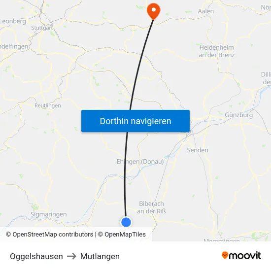 Oggelshausen to Mutlangen map