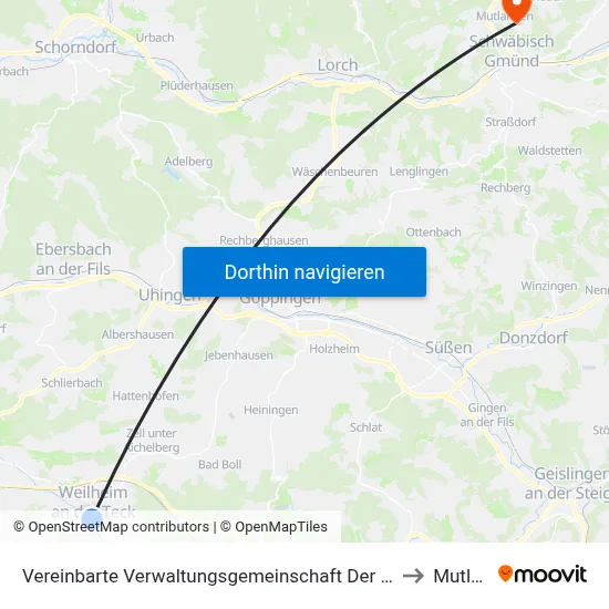 Vereinbarte Verwaltungsgemeinschaft Der Stadt Weilheim An Der Teck to Mutlangen map