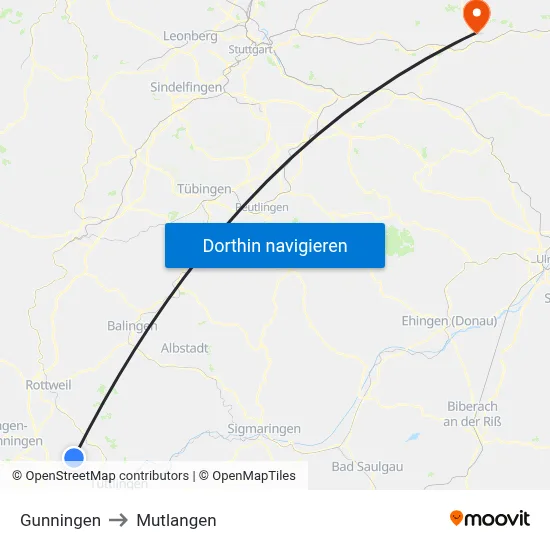 Gunningen to Mutlangen map