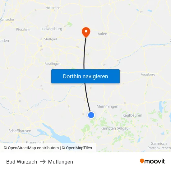 Bad Wurzach to Mutlangen map