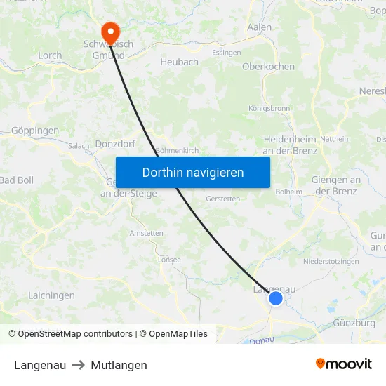 Langenau to Mutlangen map