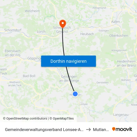 Gemeindeverwaltungsverband Lonsee-Amstetten to Mutlangen map