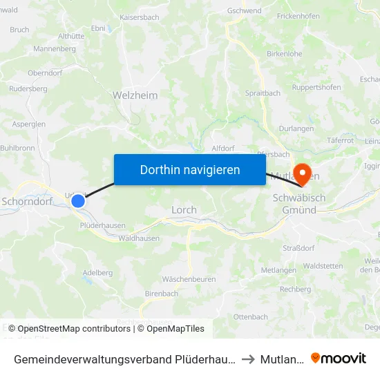Gemeindeverwaltungsverband Plüderhausen-Urbach to Mutlangen map