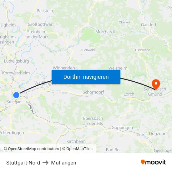 Stuttgart-Nord to Mutlangen map