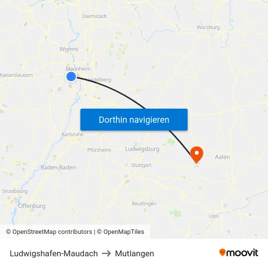 Ludwigshafen-Maudach to Mutlangen map