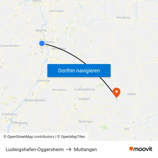 Ludwigshafen-Oggersheim to Mutlangen map