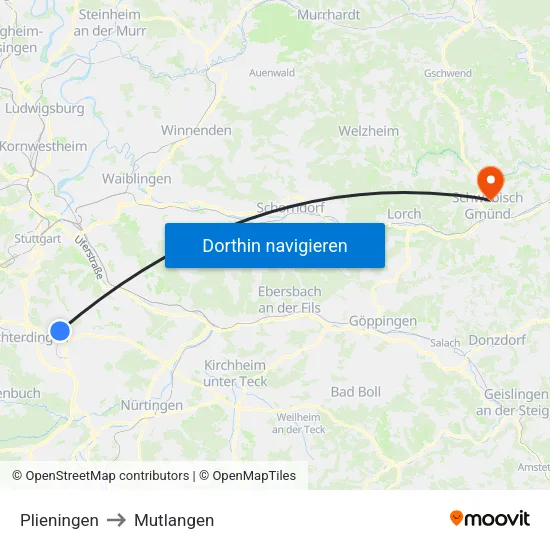 Plieningen to Mutlangen map
