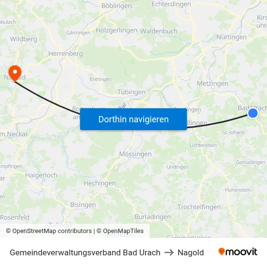 Gemeindeverwaltungsverband Bad Urach to Nagold map