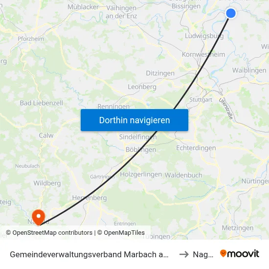 Gemeindeverwaltungsverband Marbach am Neckar to Nagold map