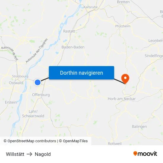 Willstätt to Nagold map