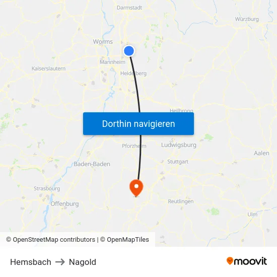 Hemsbach to Nagold map