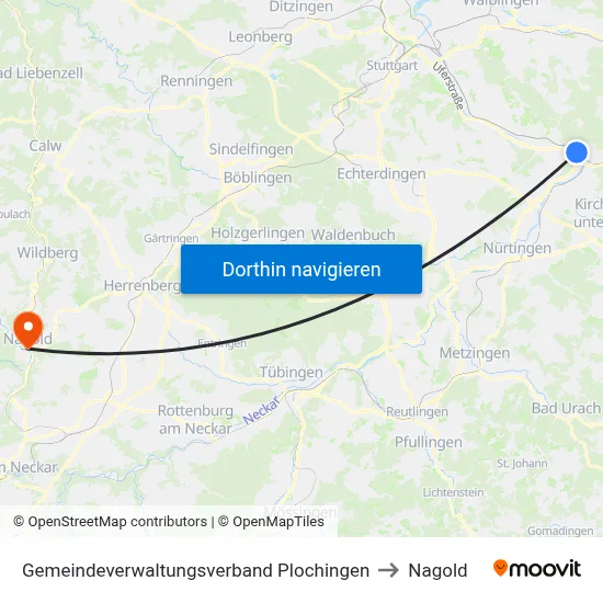 Gemeindeverwaltungsverband Plochingen to Nagold map