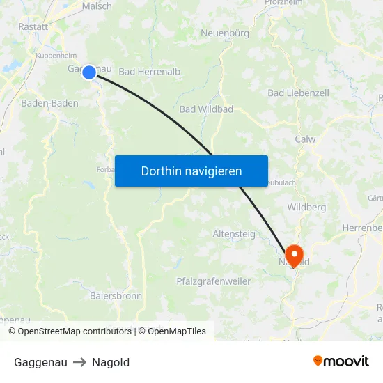Gaggenau to Nagold map