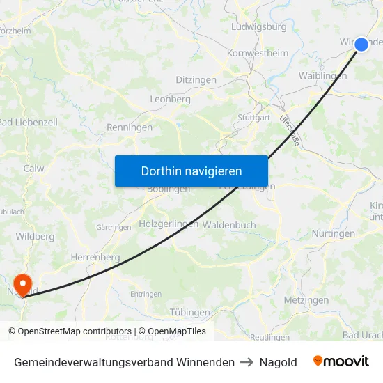 Gemeindeverwaltungsverband Winnenden to Nagold map