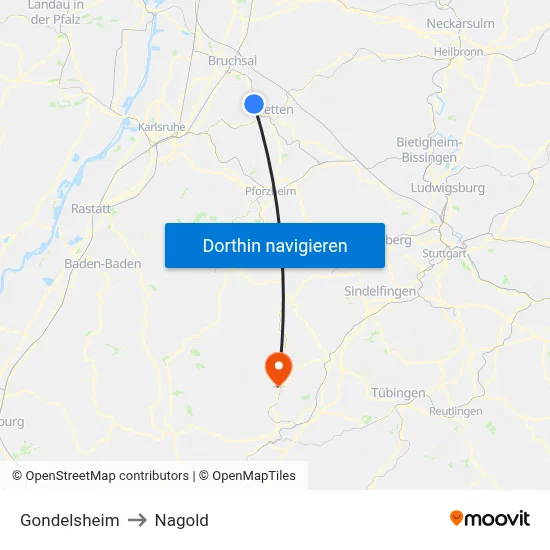 Gondelsheim to Nagold map