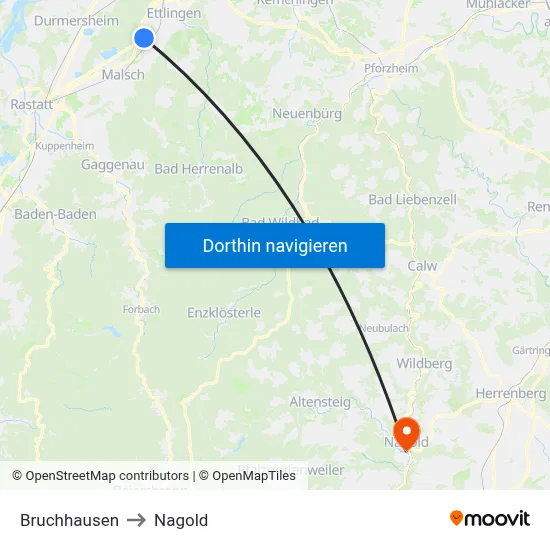 Bruchhausen to Nagold map