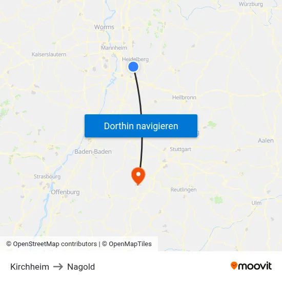Kirchheim to Nagold map