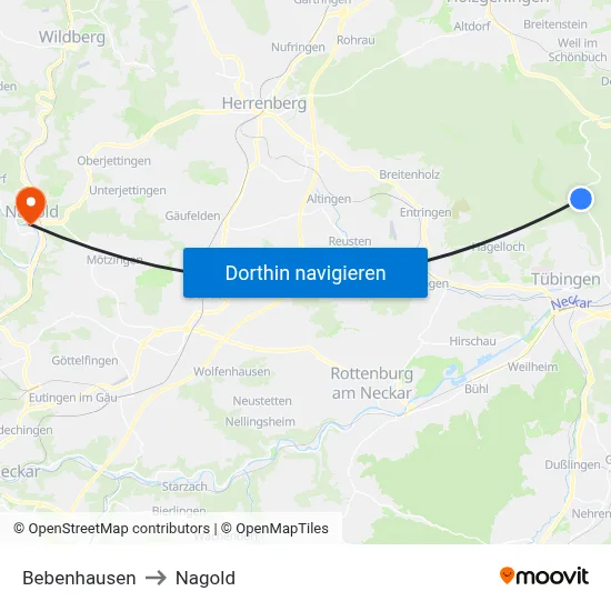 Bebenhausen to Nagold map