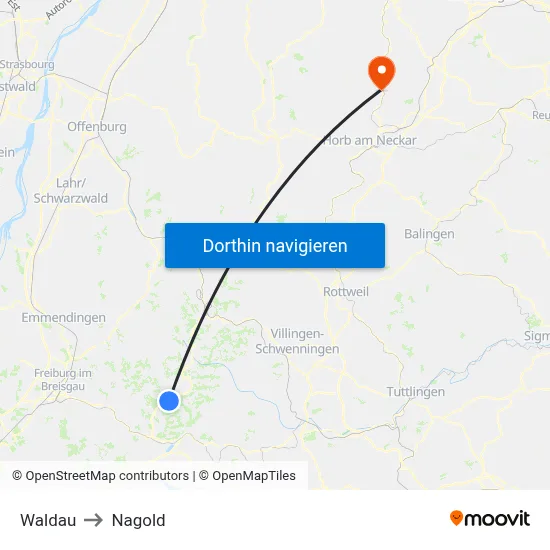 Waldau to Nagold map